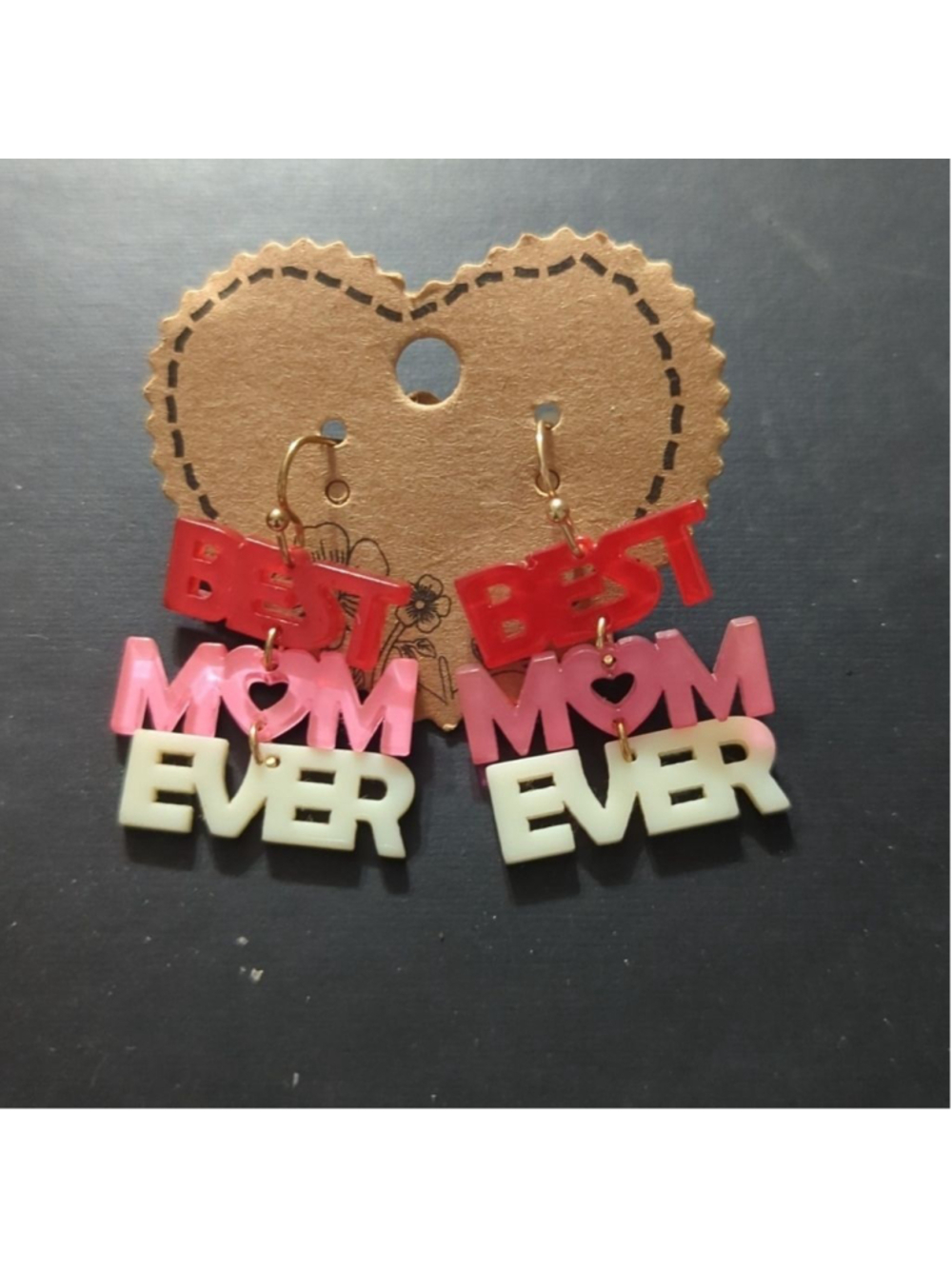Gold Tone Pink Red White Best Mom Ever Acrylic Statement Earrings